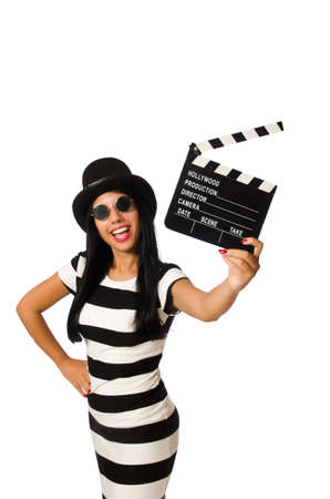 Woman with movie clapper on whiteの写真素材