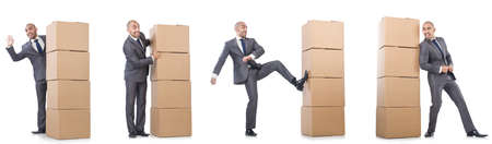 Collage of photos with man and boxesの写真素材