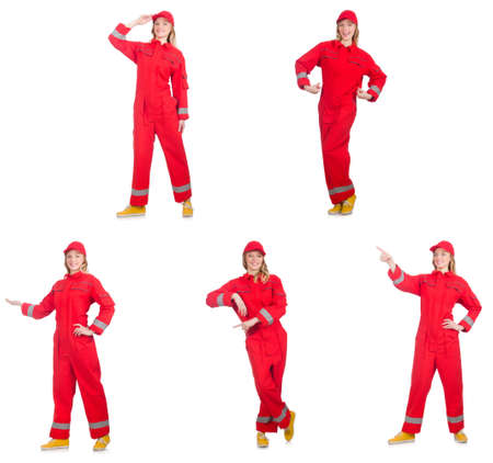 Woman in red overalls isolated on whiteの写真素材