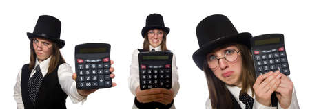 Funny woman with calculator isolated on white