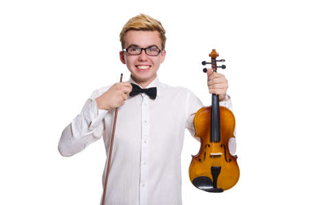 Young funny violin player isolated on whiteの写真素材