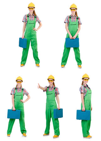 Woman in green coveralls isolated on whiteの写真素材