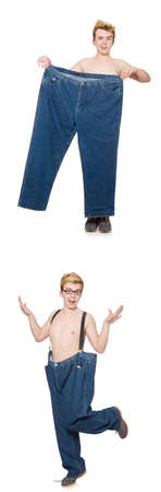 Funny man with trousers isolated on whiteの写真素材