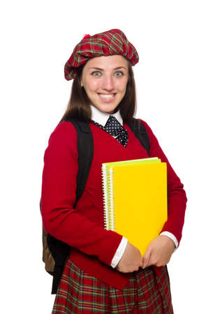 Girl in scottish tartan clothing isolated on whiteの写真素材