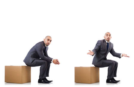 Collage of photos with man and boxesの写真素材