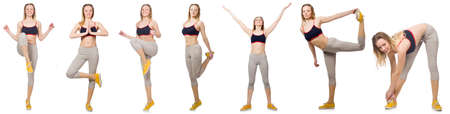 Young female doing exercises on white