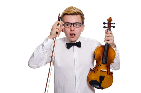 Young funny violin player isolated on whiteの写真素材