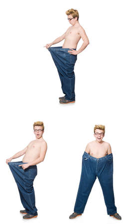 Funny man with trousers isolated on whiteの写真素材