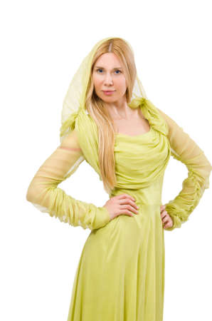 Young woman in elegant long green dress isolated on whiteの写真素材