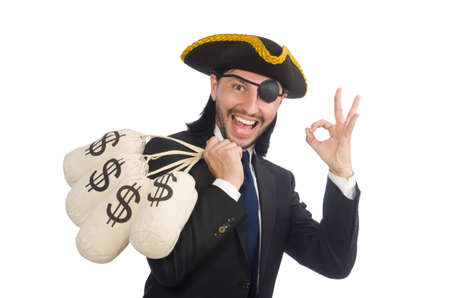 Pirate businessman holding money bags isolated on whiteの写真素材