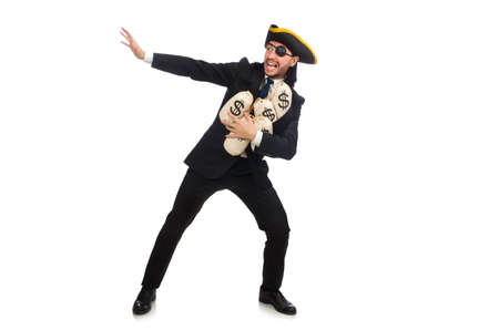 Pirate businessman holding money bags isolated on whiteの写真素材