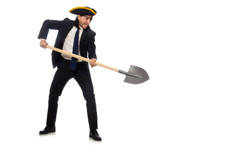 Pirate businessman holding spade isolated on whiteの写真素材
