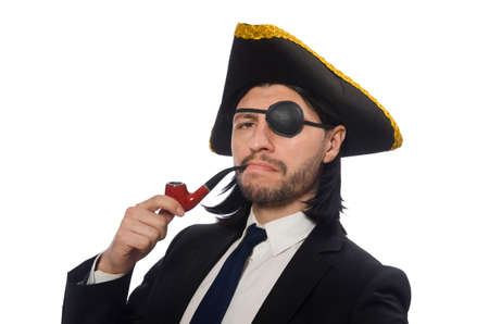 Pirate businessman with smoking pipe isolated on white