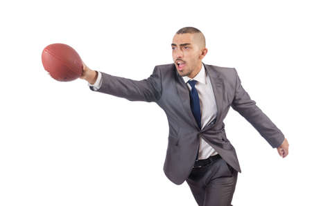 Man with american football ball isolated on whiteの写真素材