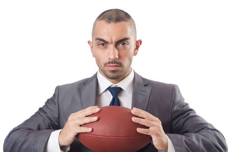 Man with american football ball isolated on whiteの写真素材