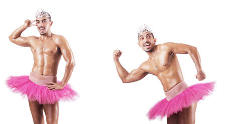 Man wearing ballet tutu isolated on whiteの写真素材