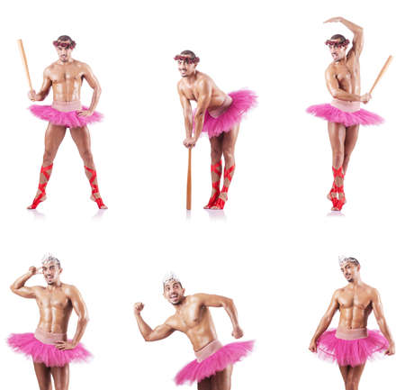 Man wearing ballet tutu isolated on whiteの写真素材