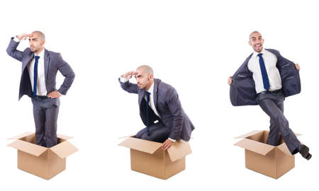 Collage of photos with man and boxesの写真素材
