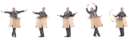 Collage of photos with man and boxesの写真素材