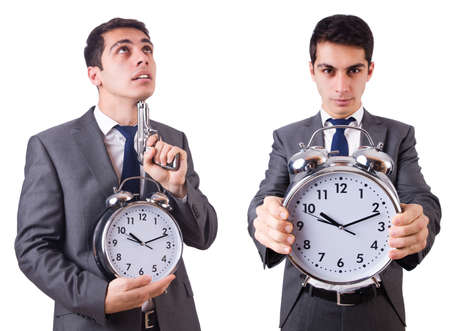 Man with clock isolated on whiteの写真素材