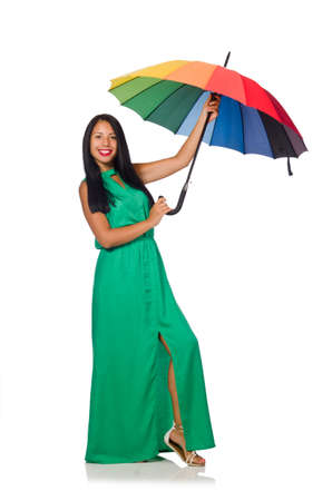 Woman with umbrella isolated on whiteの写真素材