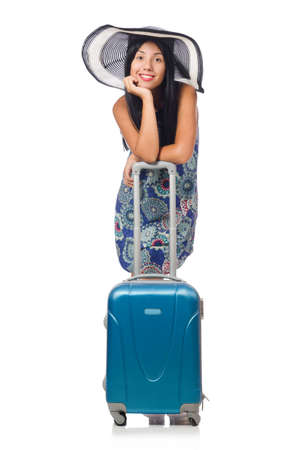 Woman with suitcase isolated on whiteの写真素材