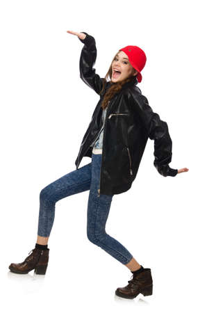 Pretty girl in leather jacket isolated on whiteの写真素材