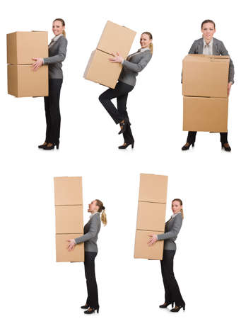 Composite image of woman with boxes on whiteの写真素材