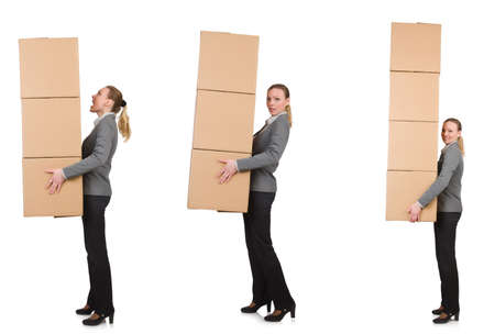 Composite image of woman with boxes on whiteの写真素材