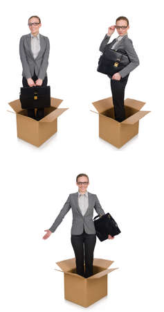 Composite image of woman with boxes on whiteの写真素材