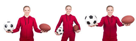Woman with football on whiteの写真素材