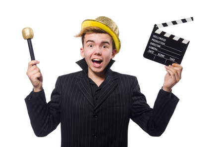 Funny man with movie clapboardの写真素材