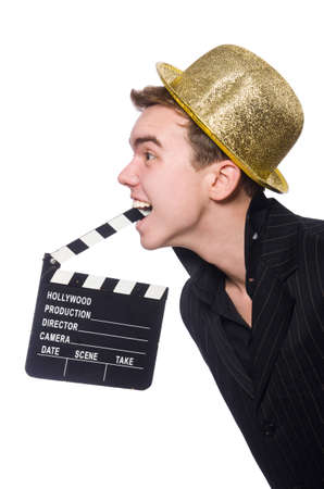 Funny man with movie clapboardの写真素材