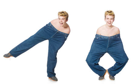 Funny man with trousers isolated on whiteの写真素材