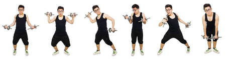 Man with dumbbells isolated on white
