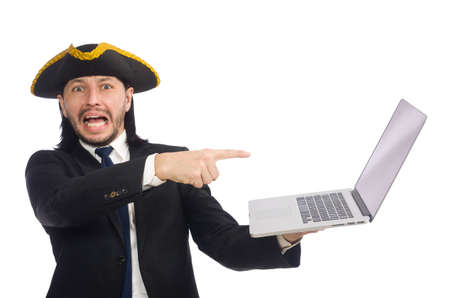 Pirate businessman holding laptop isolated on whiteの写真素材