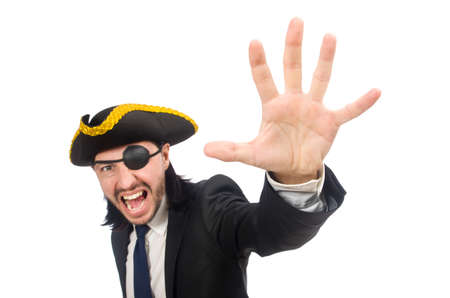 Pirate businessman shouting isolated on whiteの写真素材