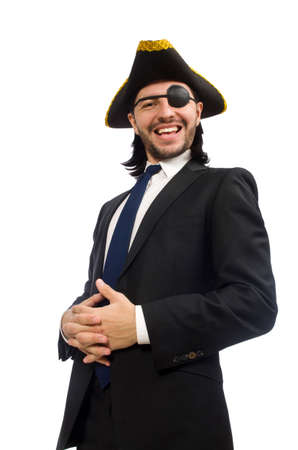 Pirate businessman wearing tricorn isolated on whiteの写真素材