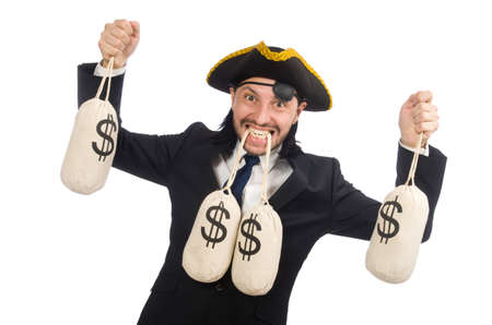 Pirate businessman holding money bags isolated on whiteの写真素材