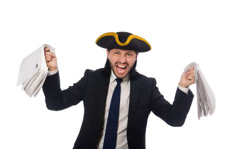 Pirate businessman holding papers isolated on whiteの写真素材