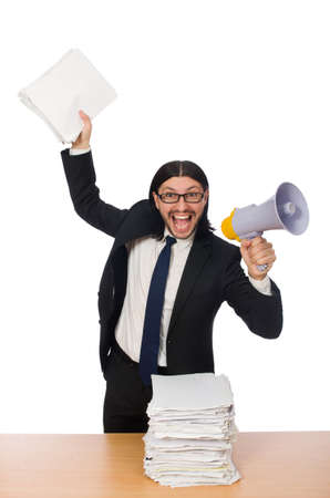 Businessman with papers on the table isolated on whiteの写真素材
