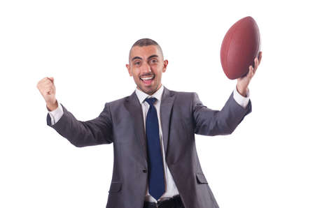 Man with american football ball isolated on whiteの写真素材