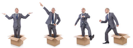Collage of photos with man and boxesの写真素材