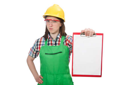 Woman in green coveralls isolated on whiteの写真素材