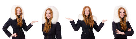 Pretty girl in warm clothes isolated on whiteの写真素材