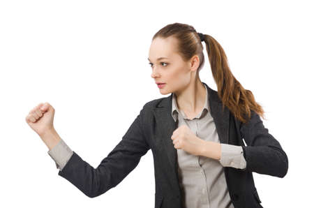 Pretty office manager fighting isolated on whiteの写真素材
