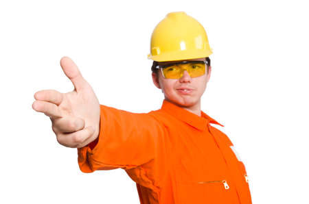 Man in orange coveralls isolated on white