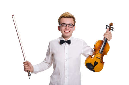 Young funny violin player isolated on whiteの写真素材