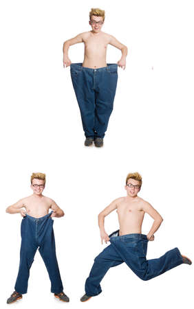 Funny man with trousers isolated on whiteの写真素材
