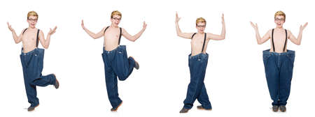 Funny man with trousers isolated on whiteの写真素材